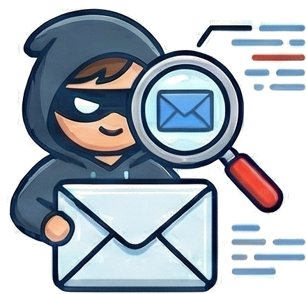 Hugo analyzing an email with a magnifying glass
