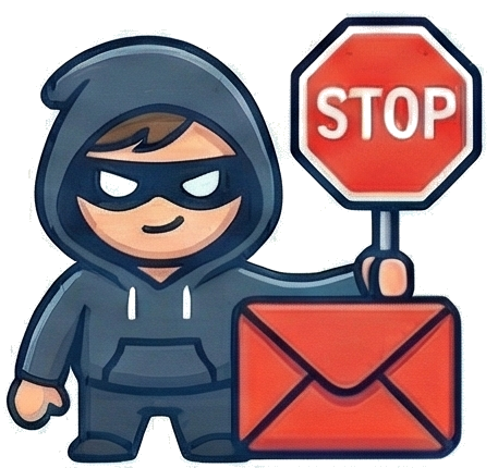 Hugo blocking a bad email with a stop sign