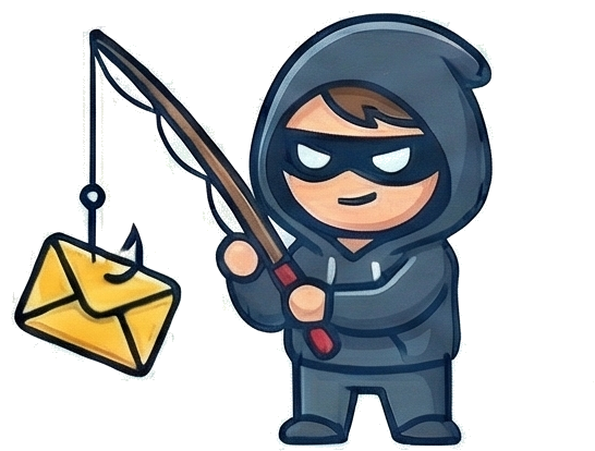 Hugo catching a phishing email with a fishing rod