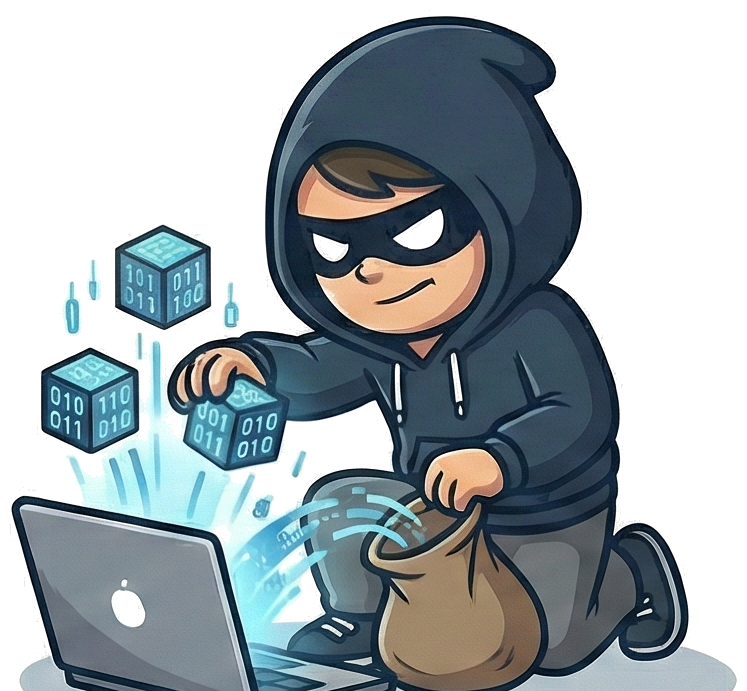 Hugo stealing data from a laptop